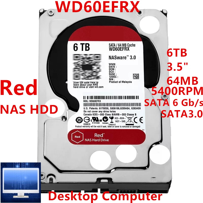 WD Red 6TB 3.5 SATA 6 Gb/s 64MB 5400RPM새 원본 HDD WD60EFRXNAS 하드 드라이브내부 용