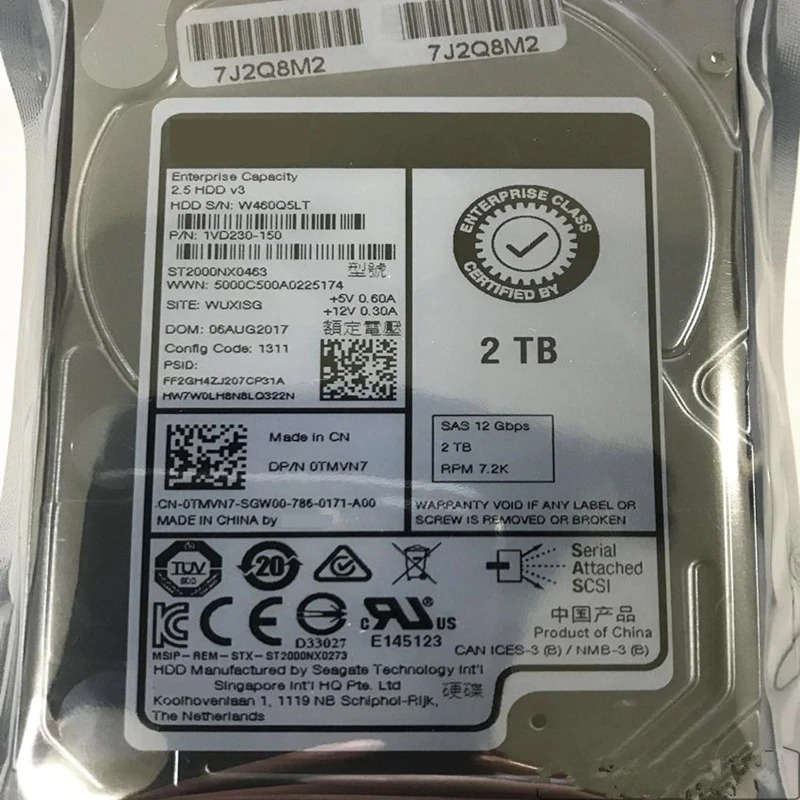 Dell 엔터프라이즈 HDD오리지널 HDD 2TB 2.5 인치 7.2K SAS 12 Gb/s 128MB 0TMVN7 TMVN7 ST2000NX0463