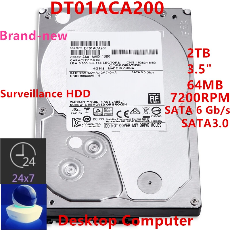 감시 HDD DT01ACA200 내장 Toshiba 2TB 3.5 SATA 6 Gb/s 64MB 7200RPM 새 원본
