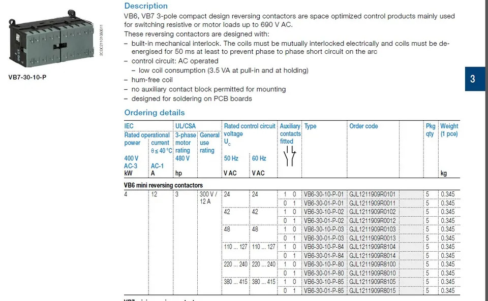 ABB 가역 접촉기 VB6-30-01-P