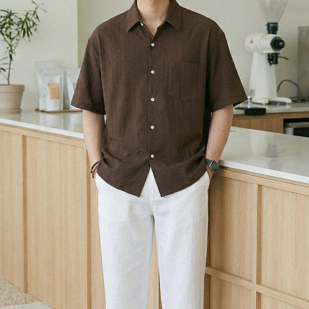 남자 크로셰 펀칭 하와이안 시원한 여름 반팔 셔츠 - 상세 이미지 5