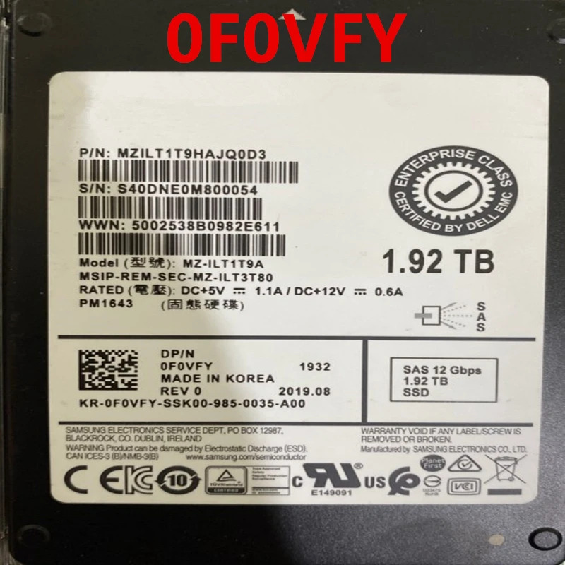 DellEMC R740 1.92TB 2.5 인치 SAS 내부 SSD 0F0VFY F0VFY MZ-ILT1T9A PM1643 거오리지널
