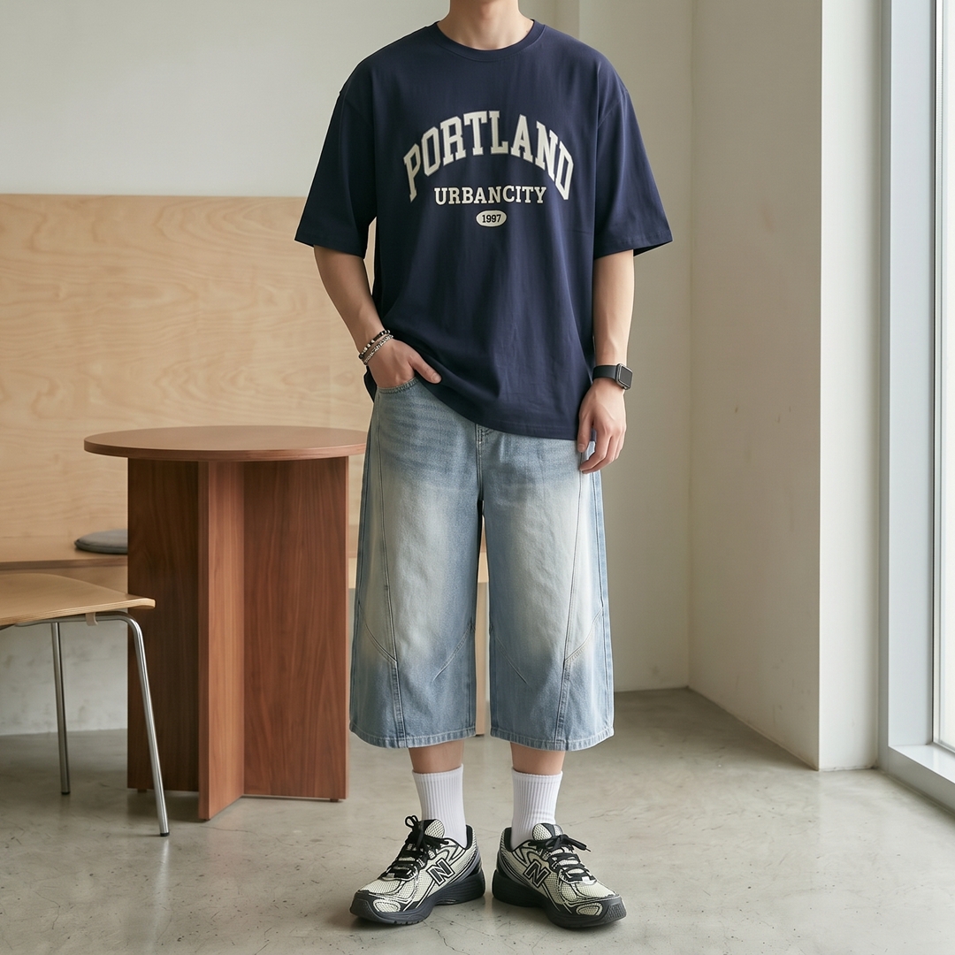 남자버뮤다팬츠 절개 라인 7부 데님 버뮤다 반바지 이미지 6