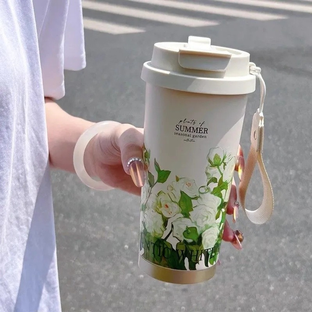 316 스테인리스 텀블러 플라워 꽃 보온 보냉 차량용 커피컵 빨대 핸들 휴대용 500ml 여름 정원 협죽도 600ml - 상품 이미지