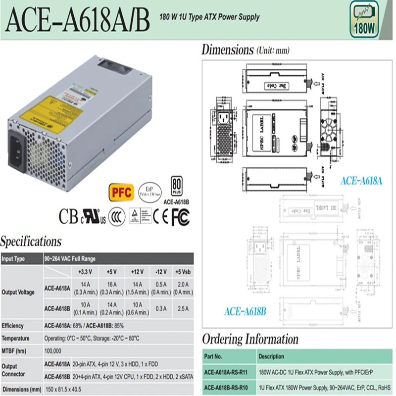 IEIPSU 소형 1U 180W 전원공급장치 ACE-A618B-RS ACE-618A-RS ACE-A618A-RS-R11 ACE-A615A-RS-R11 신