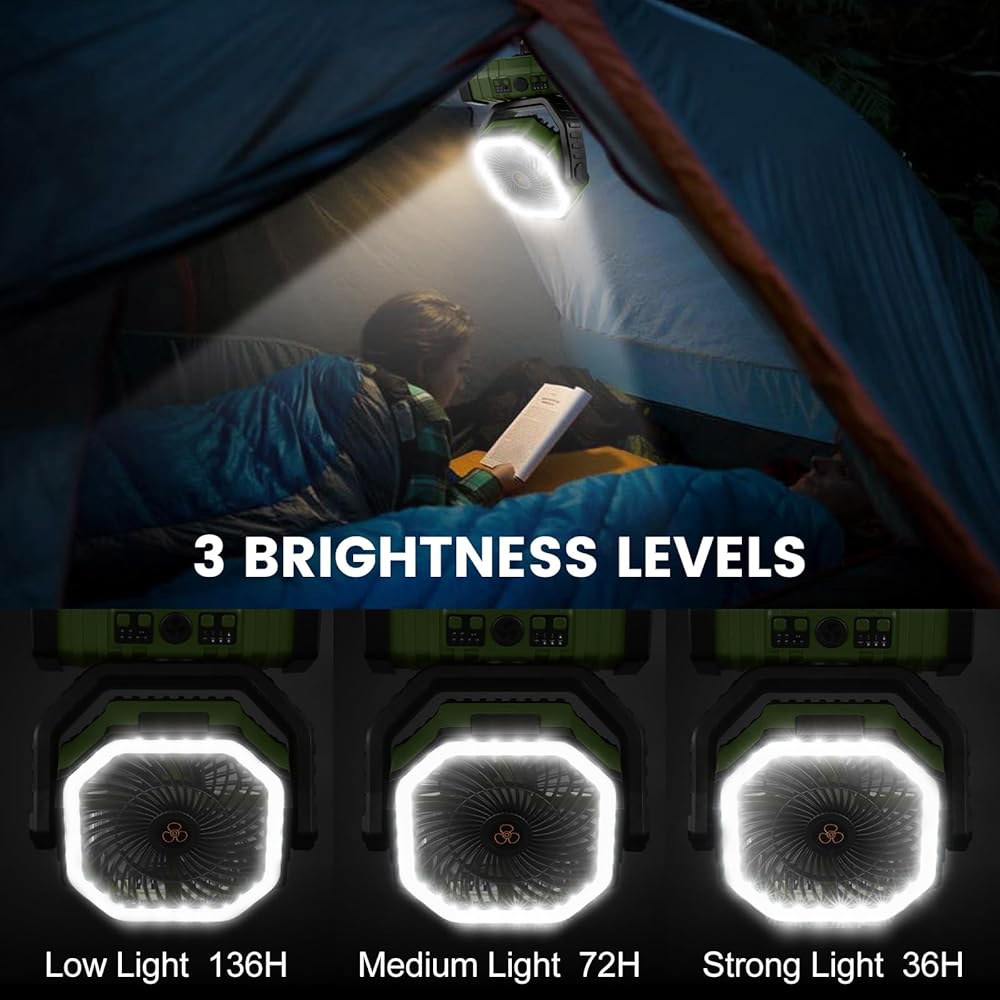 LED 랜턴이 장착된 Odoland 30000mAh 캠핑 팬, 리모컨 및 후크가 충전식 배터리 작동 진동 타이머가 휴대용 텐트 야외 캠프 RV 작업장 정전 시 4가지 속도, - 상세 이미지 3