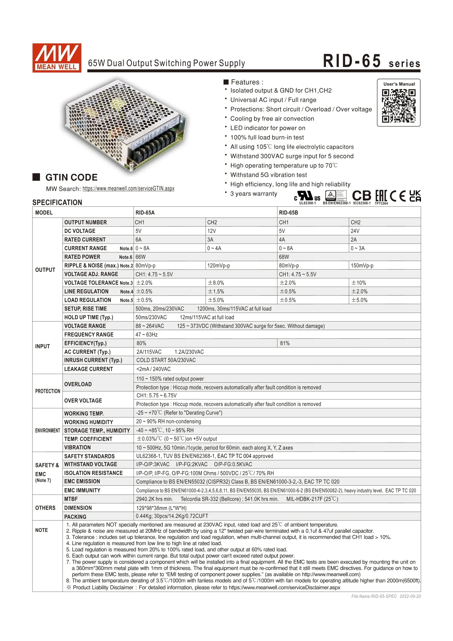 RID-65 RID-65A 5V 12V RID-65B 24V 65W 이출력 스위칭 전원공급장치 5V12V24V