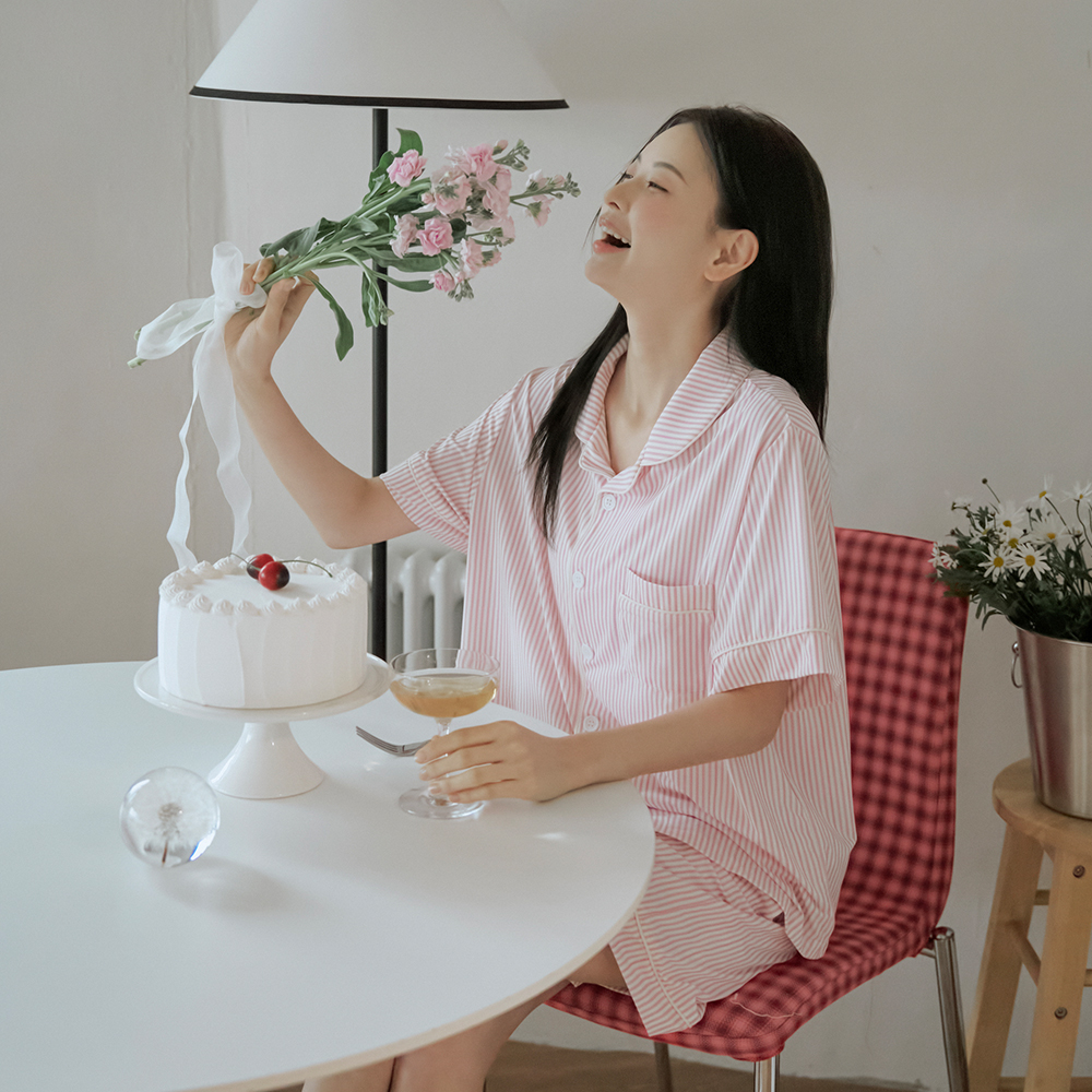 베베데코 히말라야 냉감 여름 잠옷 반팔 홈웨어 파자마 세트 로즈베리 핀스트라이프 이미지 2