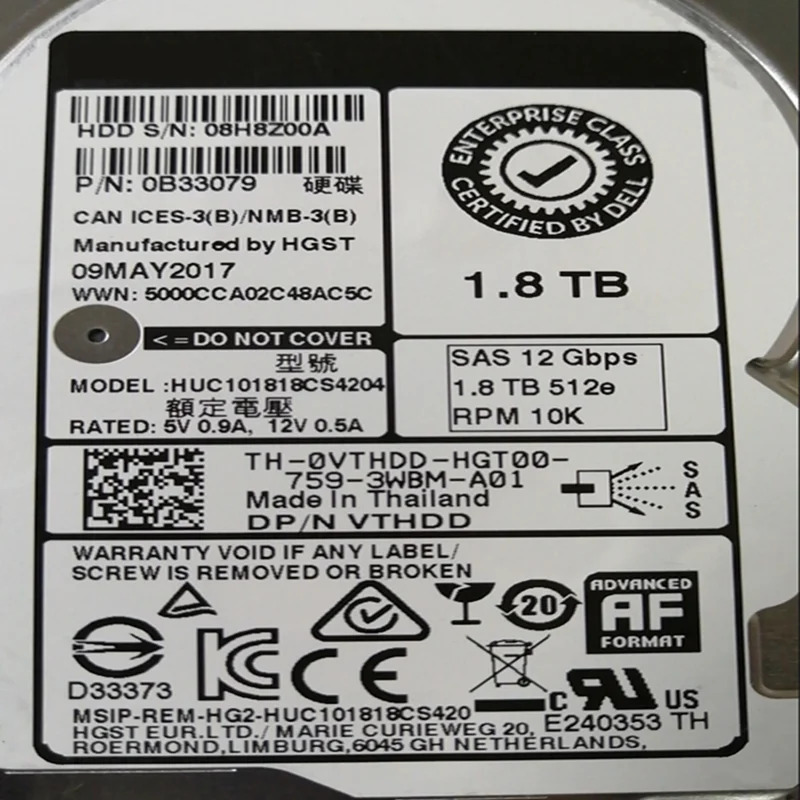 엔터프라이즈 HDD 델 1.8TB 2.5 인치 SAS 128MB 10K VTHDD 0VTHDD HUC101818CS4204 신