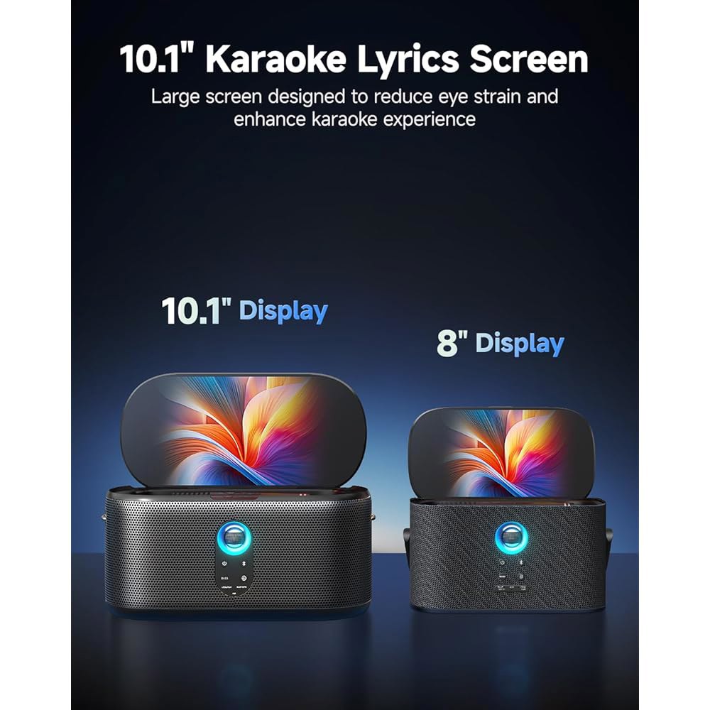 가사 디스플레이가 있는 이카라오 노래방 기계, 10.1인치 화면, 280W, 2+2 채널, 무선 마이크 2개, 오토튠 EQ, 셀프 충전, 카라펀 프라임이 포함된 휴대용 홈 시스템, - 상세 이미지 3