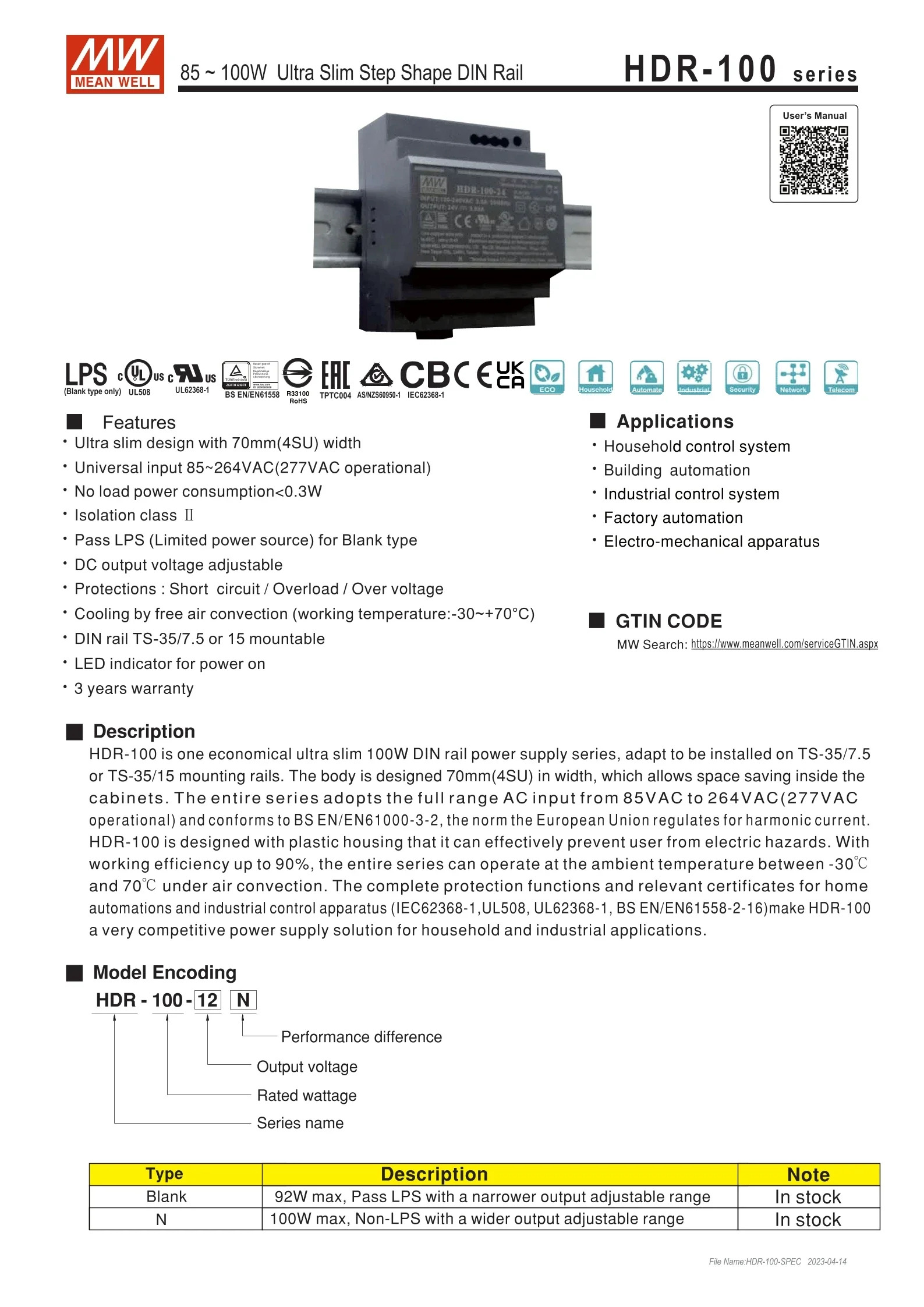MEAN WELL HDR-100-12V/15V/24V/48V-N 레일 100W DC 스위칭 전원공급장치 DR HDR-100-12N HDR-100-24N HDR-100-48N
