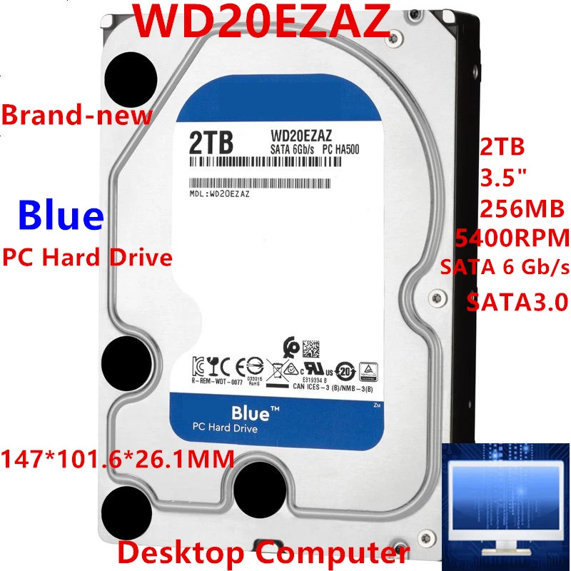 데스크탑 하드 드라이브 WD20EZAZ내장 WD Blue 2TB 3.5 SATA 6 Gb/s 256MB 5400RPM새 원본 HDD