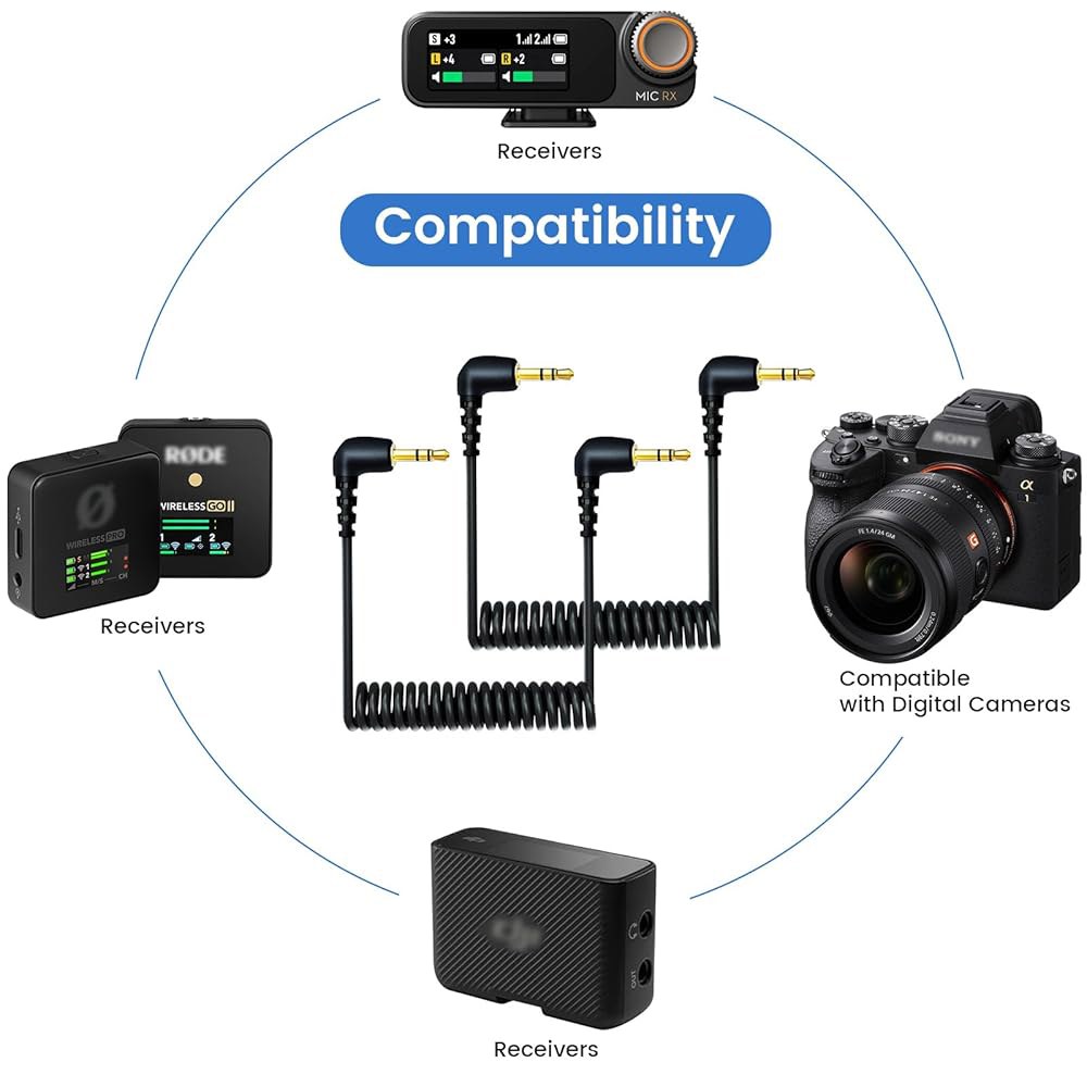 웨이샨 2팩 3.5mm 마이크 케이블, DJI 2 및 로드 무선 프로 호환, 코일형 듀얼 TRS 패치 케이블 오디오 카메라용 코드 Red - 상세 이미지 2