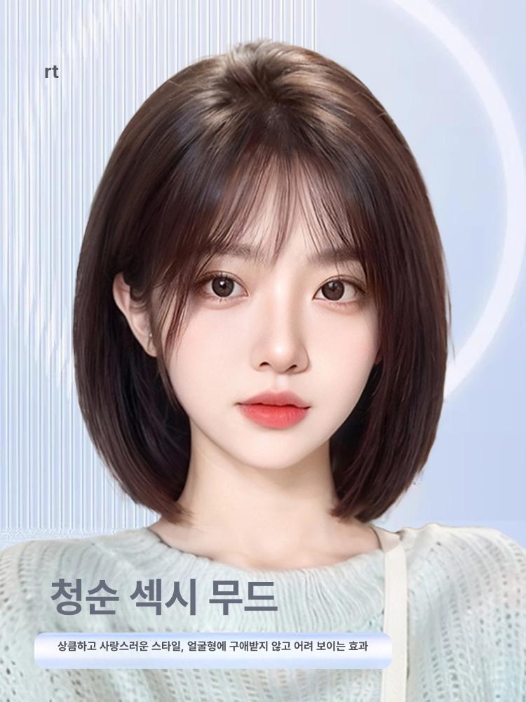 인모 여자가발 리얼스킨 웨이브 단발머리 레이어드 붙임머리 반가발 전체가발 신축성 - 상세 이미지 2