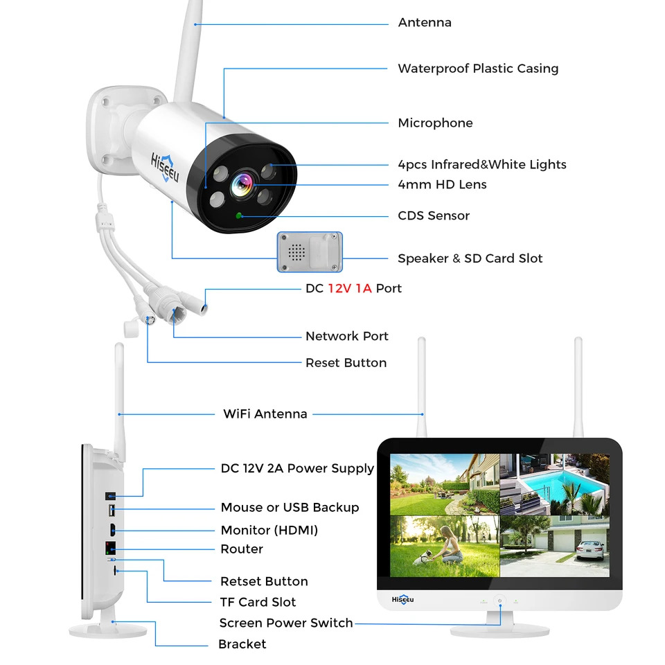 모션 센서 알람 무선 8채널 와이파이 보안 IP CCTV 시스템 상위P 12 인치