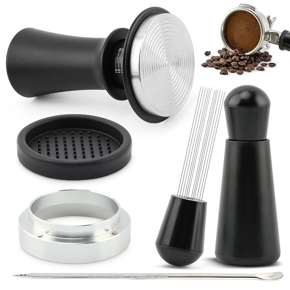 커피 탬퍼 51mm, 베이스 교반기 스프링이 장착된 에스프레소 액세서리 키트 머신용 핸드 세트(블랙 / 5Pcs) Black/5Pcs - 상품 이미지