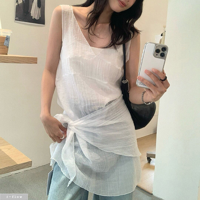 하픈 민소매 레이어드 베스트 랩 미니 원피스 3col 봄 여름 시스루 브이넥 제이플로우 - 상세 이미지 3