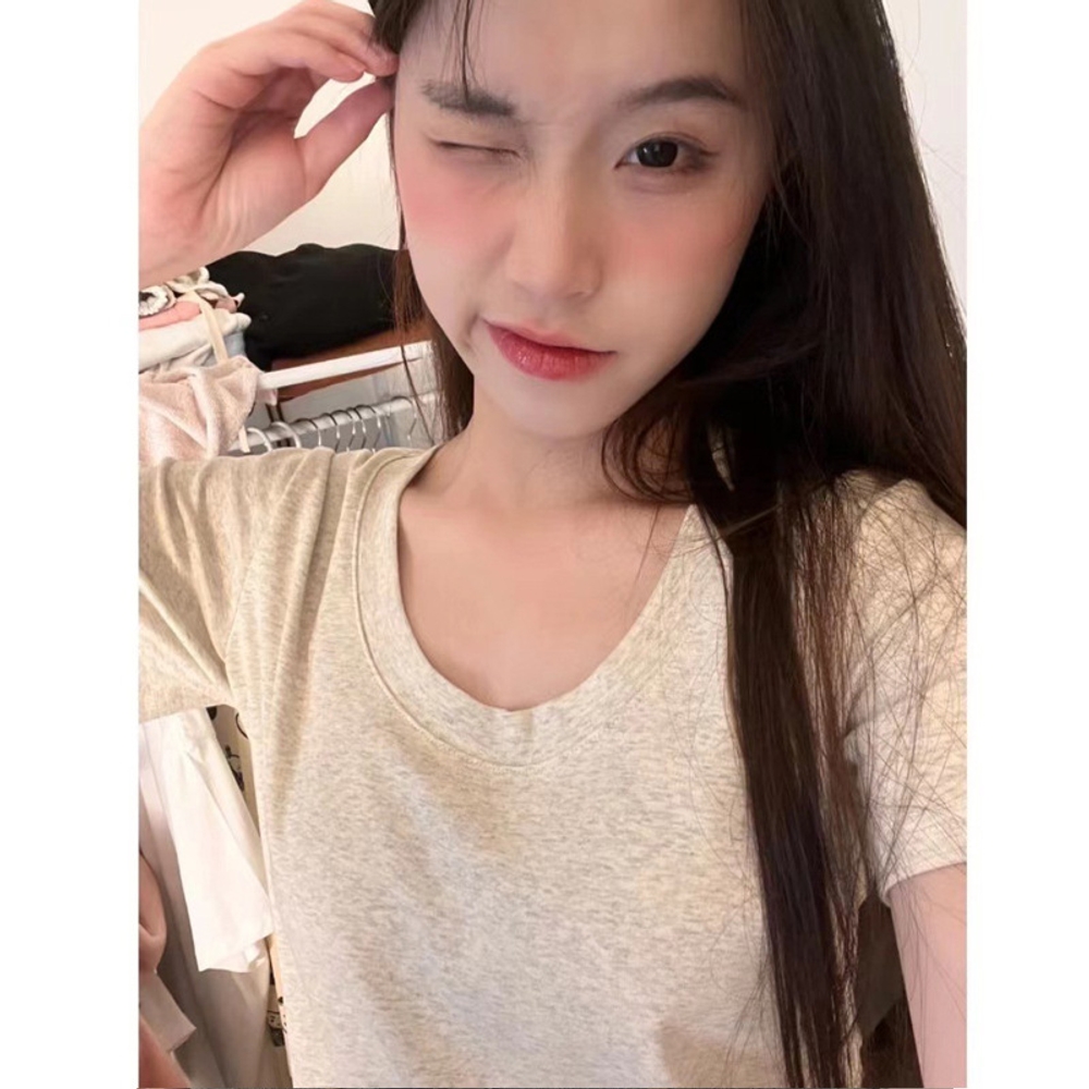 여성 이너 반팔 티셔츠 골지 슬림핏 라운드넥 순면 기본 데일리 반팔티 연회색 크루넥 S - 상세 이미지 4