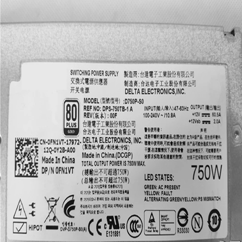 델 T710 R810 R815 R510 R910 PSU 전원공급장치 D750P-S0 CNRJ9 FN1VT P25DV DPS-750TB-1 A 750W 신