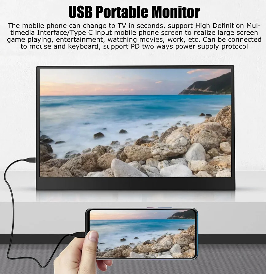 휴대모니터 HDMI C 타입 확장 화면 디스플레이 X-박스 스위치 휴대폰 노트북 PS5 4 4K 3200x1800 13.3 인치