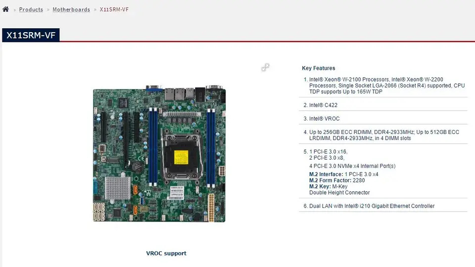 Supermicro Micro 마더보드X11SRM-VF LGA-2066 Xeon W-2100 W-2200 프로세서 DDR4 듀얼 LAN i210 기가비트 이더넷