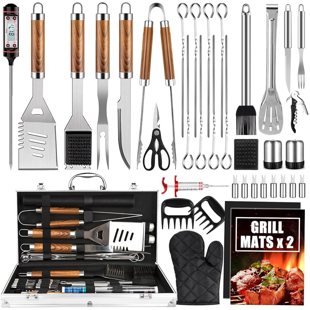Cifaisi BBQ 그릴 액세서리 세트, 38Pcs 스테인리스 스틸 도구, 알루미늄 케이스 포함 액세서리, 온도계, 캠핑용 매트 / 백야드 바비큐, 남성 여성용 세트 - 상품 이미지