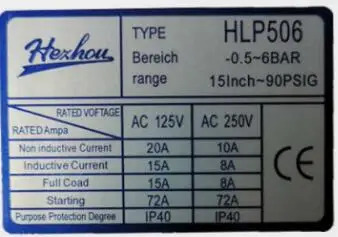 Hezhou 자동 리셋 압력 제어 HLP530 Bereich 6-30BAR 범위 90-435PSIG HLP506 -0.5-6BAR 15 인치-90PSIG HLP503 -0.5-3
