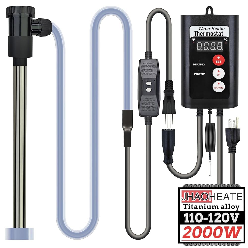JHAOHEAT 휴대용 티타늄 침지 욕조 및 풀 온수기 2000W 120V 전기 잠수식 온수기, 온도 조절기 GFCI 누출 방지 기능 포함, 온수 욕조, 스파, 침례교, 풍선 수영 - 상품 이미지