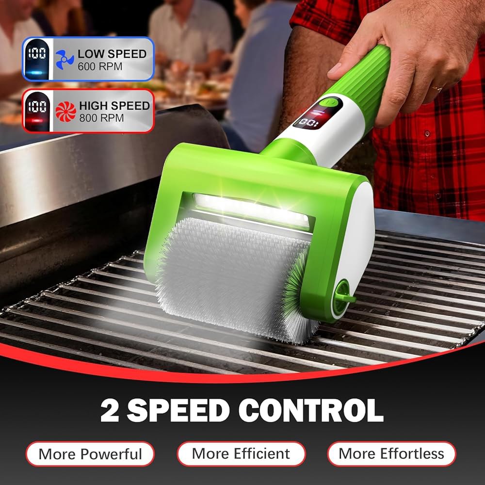 VYTOOV 전기 그릴 브러시, LED 조명이 있는 2단 BBQ 브러시 / 화면 강력 청소 800RPM 4000mAh 헤드 2개, 충전식 브리스 배출 없는 가벼운 청소기 야외/캠핑 - 상세 이미지 2