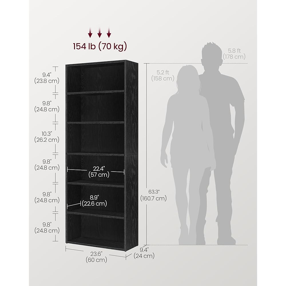 바사글 커스토스 컬렉션 - 책장, 6단 열린 수납 선반, 9.4 x 23.6 63.3 인치, 거실, 홈 오피스, 다이닝 룸, 에보니 블랙 ULBC166T56용 - 상세 이미지 3