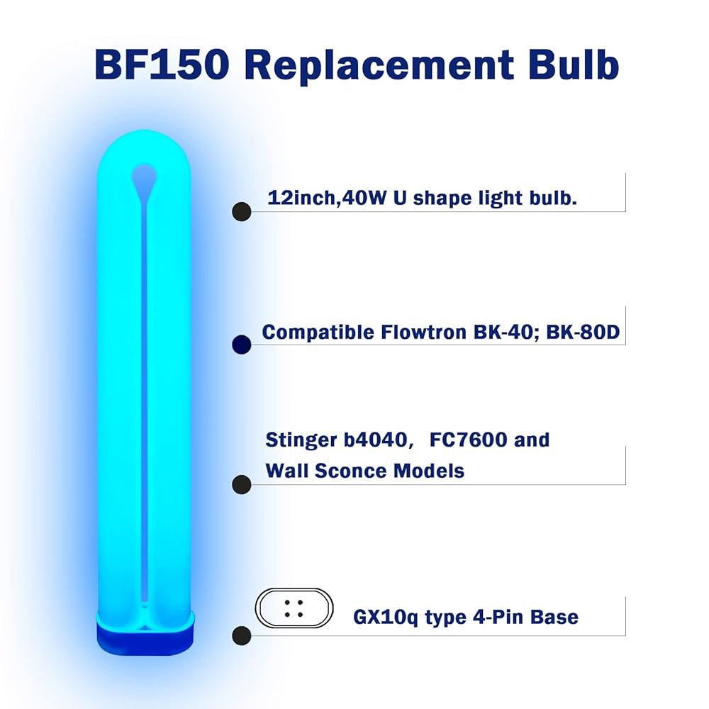 BF-150 40W 교체 전구 호환 플로우트론 BK-40, BK-80D, 스팅어 b4040, FC7600 및 월 스콘스 모델, FUL40T8 /BL 블랙 전구, 12인치 U자형 - 상세 이미지 3
