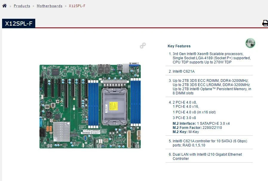 Supermicro 마더보드X12SPL-F LGA-4189 Xeon 확장 프로세서 DDR4 M.2 SATA3 듀얼 LANI210