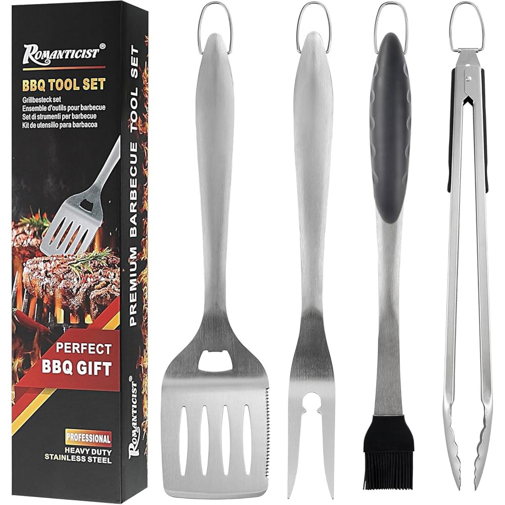 로맨틱리스트 4pcs 탑 셰프용 헤비 듀티 그릴 액세서리 - 전문 도구 세트 및 뒷마당 레스토랑 야외 주방용 베이직 바비큐 아빠를 위한 디럭스 선물 u2019 크리스마스 Gray - 상품 이미지