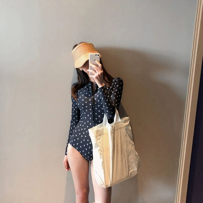 긴팔 원피스수영복 빅사이즈 비치 수영장 여자 여성용 자외선 뱃살커버 - 상세 이미지 2