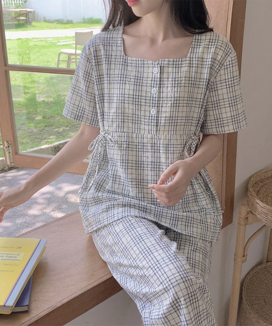 여성잠옷세트 반팔 긴바지 파자마 노카라 데일리 믹스 체크 홈웨어 - 상품 이미지