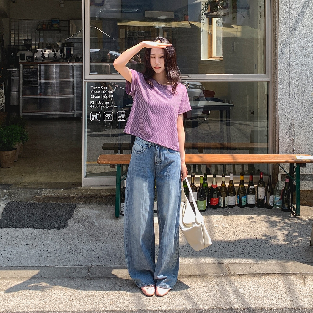 여름 반팔티 크롭티 스트라이프티셔츠 라운드 기본 반팔 티셔츠 - 상세 이미지 3