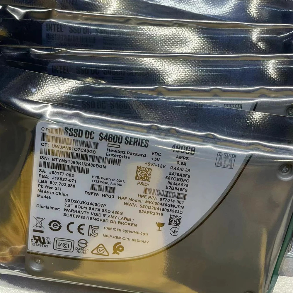 S4600경우 877014 -001 J68177-003 480G 2.5인치 엔터프라이즈 서버 SSD 솔리드 스테이트 드라이브
