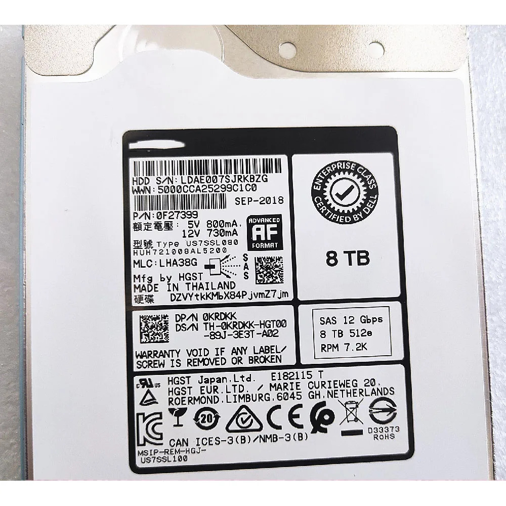 DELL 0KRDKK 12G SAS HUH8TB 721008 AL5200 서버 하드 드라이브 3.5인치