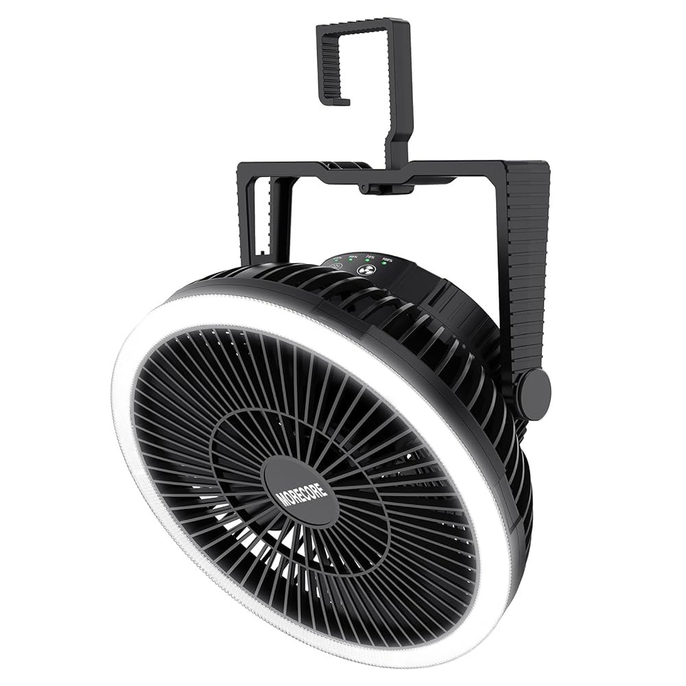 LED 랜턴이 장착된 MORECORE 휴대용 캠핑 팬, 8인치 충전식 텐트 후크로 180 회전하는 강력한 3단 속도, 야외 RV 여행용 낚시 허리케인 긴급 정전 발생 시 조용함 - 상품 이미지