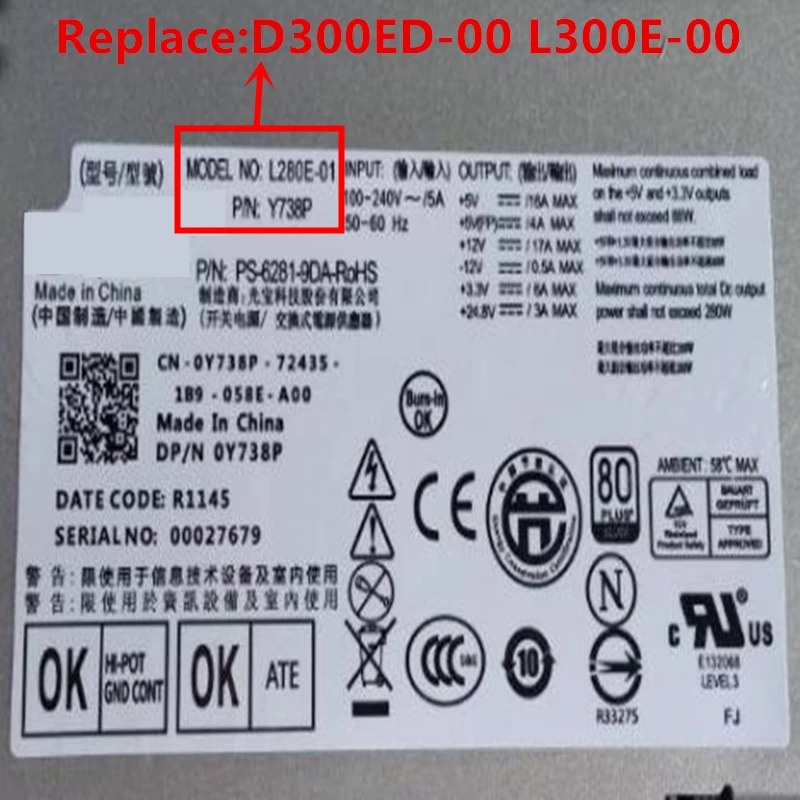 델 XE SFF D280ES-00 DPS-280MB A L280E-01 Y738P D499R 새 전원공급장치 XE-DT 300W D300ED-00 L300E-00 교체 280W