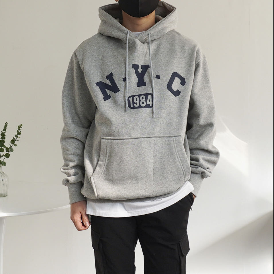 빅사이즈 NYC 프린팅 워싱 오버핏 헤비 기모 후드티셔츠 95-120 - 상품 이미지
