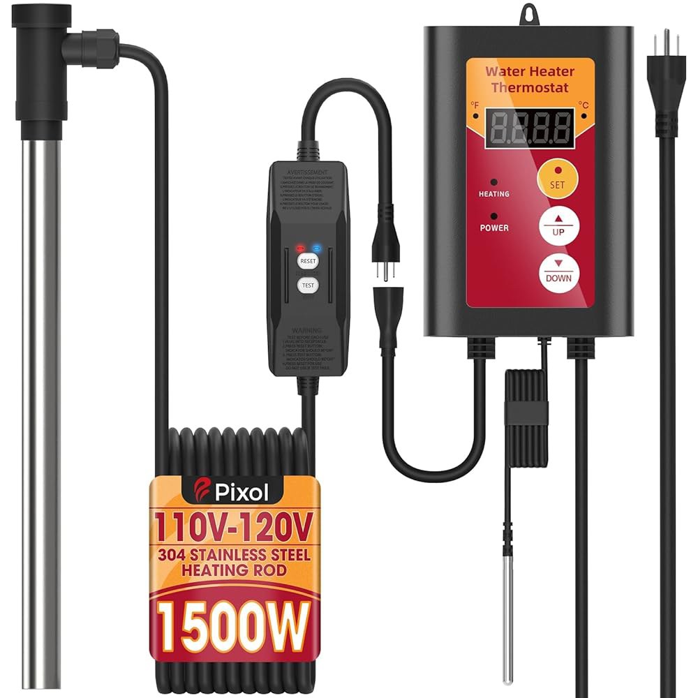 수영장용 1500W 완전 잠수식 온수기, 휴대용 전기 온수 욕조 및 지상 수영장 침지식 온도 조절기, GFCI 플러그, 버킷 탱크 캠핑(OR)용 Stainless Steel Red - 상품 이미지