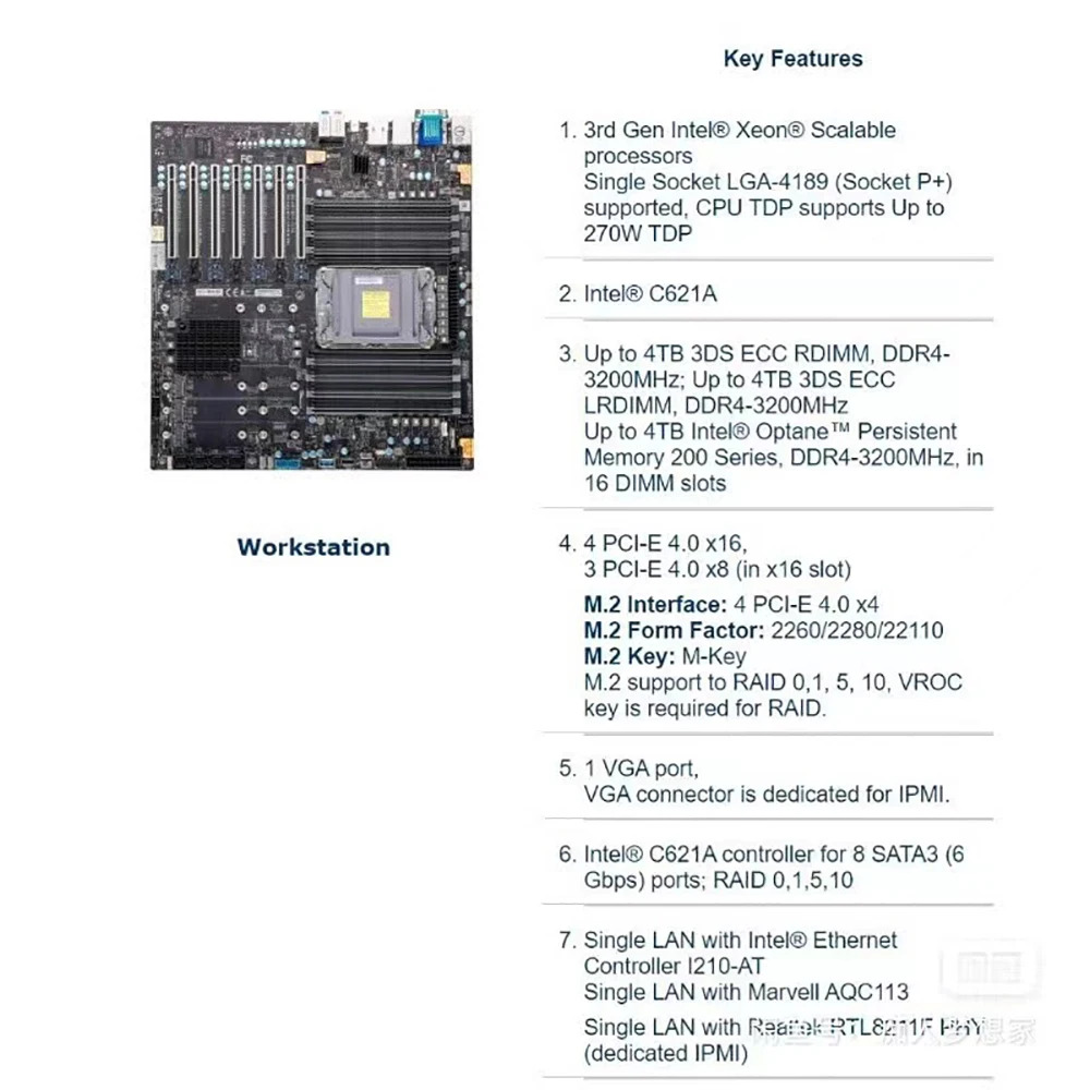 슈퍼마이크로 워크스테이션 마더보드 Xeon W-3300 프로세서 PCI-E4.0 LGA-4189 DDR4X12SPA TF