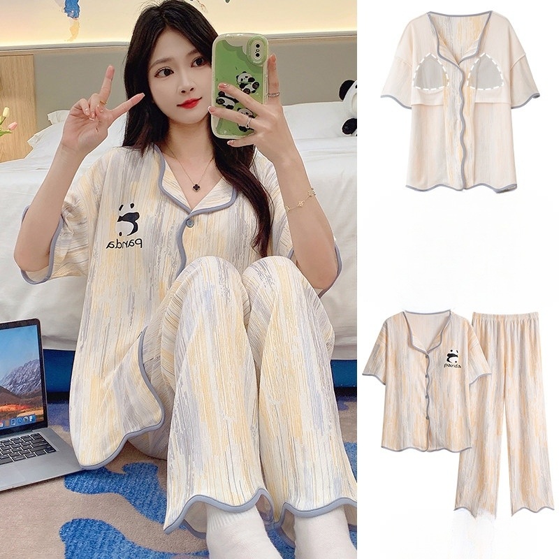 가슴패드잠옷 캡내장잠옷 2XL 탈부착 노브라 시원한냉감 홈웨어 여름 반팔 반바지 투피스 - 상세 이미지 2