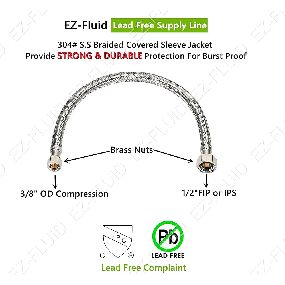 EZ-Fluid (10) 16인치 급수 라인, 1/2인치 핍 x 3/8인치 콤프 LF, 브라스 너트, 범용 스테인리스 브레이드 수도꼭지 라인 커넥터, 주방, 욕실용 호스 커넥터 - 상세 이미지 3