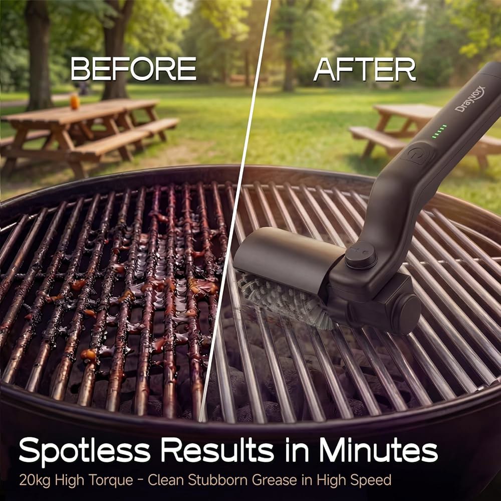 드레이보크스 전기 그릴 브러시, 3단 모드의 고토크 20kg 최대 토크 BBQ 클리너, 도자기 주철 스테인리스 스틸, 강화 강철 브리스틀, 타입-C 충전식 Black - 상세 이미지 2