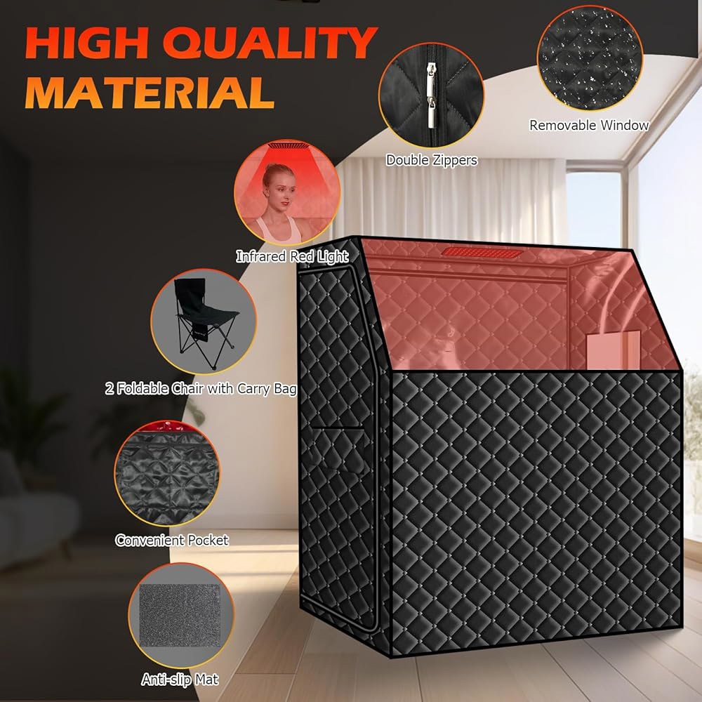 스마트막 2인용 가정용 휴대용 원적외선 사우나, 660nm 적색 광선 램프가 있는 풀뷰 X-대형 사우나 박스, 6개의 히터, 휴식을 위한 실내 SPA 룸, 리모컨, 큰 접이식 의자 - 상세 이미지 3