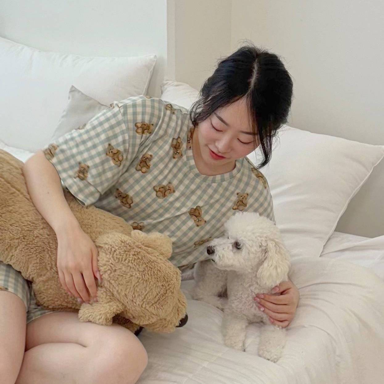 네이버 치즈 체크베어 반팔 잠옷세트 커플 빅사이즈 여름 파자마