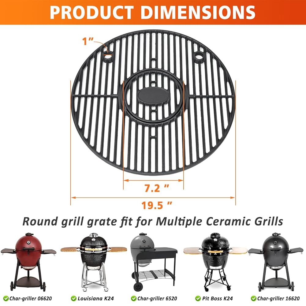 아콘 카마도 세라믹 그릴용 원형 그릴 19.5인치, 피트 K24, 루이지애나 Char-Griller 16620, 솔리드 로드 쿠킨 그리드, 주철용 Cast Iron - 상세 이미지 3