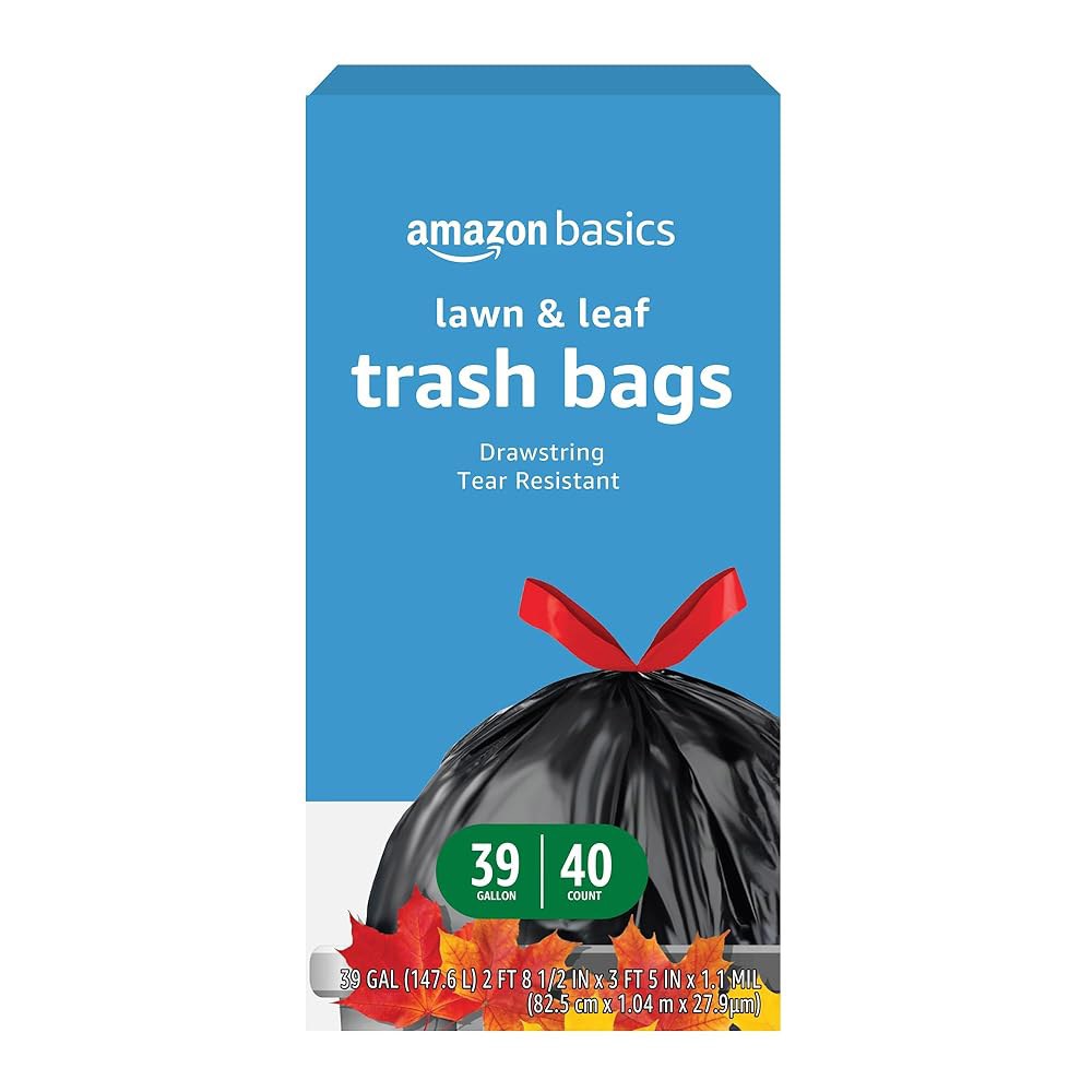 아마존 베이직 잔디 및 잎 드로스트링 쓰레기 봉투, 39갤런, 40개, 검은색, 무향 40 Count (Pack of 1) - 상품 이미지